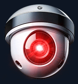 Image d'une caméra de surveillance dernier cri, avec effet lumineux rouge autour de l'objectif
